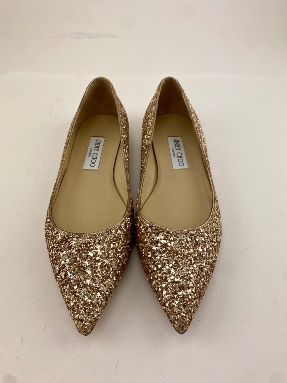 Jimmy Choo Gold Glitter Pointed Toe Ballet Flats Size 40